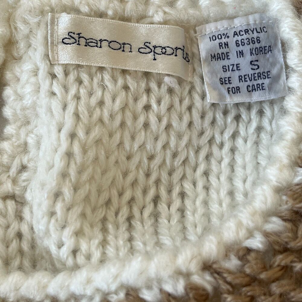 Vintage 80s Sharon Sports Knit Sweater S Acrylic Colorblock White Brown Blue - Picture 7 of 9